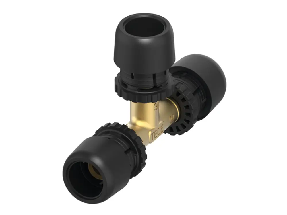 TECE T-Stück in Kombination aus Siliziumbronze und Kunststoff, mit drei Anschlüssen in einer gleichmäßigen Konfiguration. Ideal für Rohrsysteme.